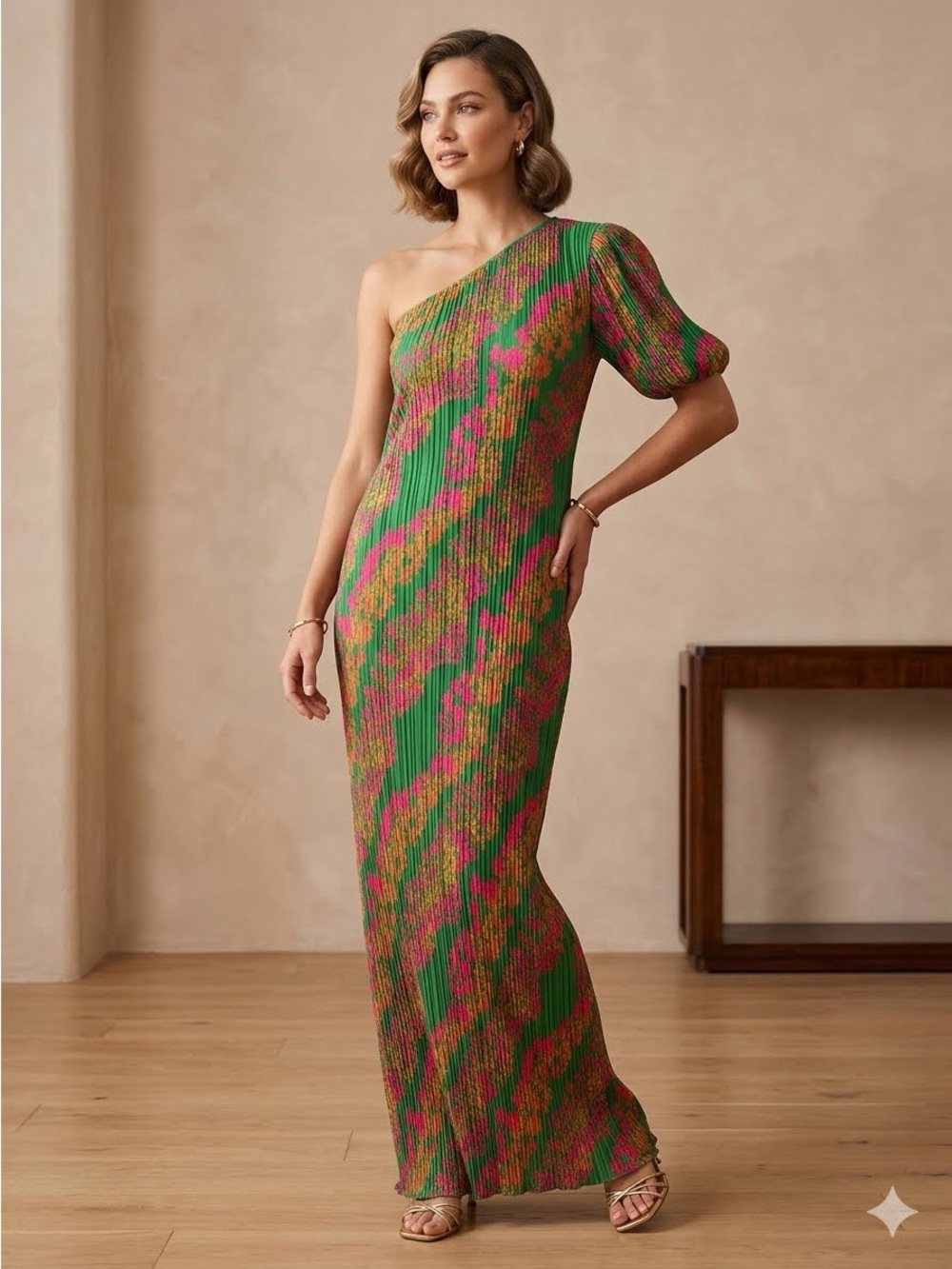 Nasty Gal One-Shoulder Green & Pink Patterned Maxi Dress